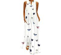 SANFASHION Femme Robe Longue Soiree Été Bohème Robe Débardeur, Robe Florale Boho Vintage Coton Lin Chic,Robe sans Manche ete Robe Longue de Plage Chic Casual Pas Cher(XXL, Marine Florale)