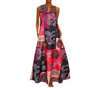 SANFASHION Robe Longue Femme Sexy, Robe Lin sans Manches Soire Fête Mode Slime Robe Sexy Imprimée Mode Vintage,Robe Col Ronde Grande Taille Loose Chic Robe de Plage Ete