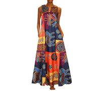 SANFASHION Robe Longue Femme Sexy, Robe Lin sans Manches Soire Fête Mode Slime Robe Sexy Imprimée Mode Vintage,Robe Col Ronde Grande Taille Loose Chic Robe de Plage Ete