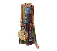 SANFASHION Robe Longue Femme Sexy, Robe Lin sans Manches Soire Fête Mode Slime Robe Sexy Imprimée Mode Vintage,Robe Col Ronde Grande Taille Loose Chic Robe de Plage Ete