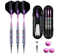 sanfeng Fléchettes avec pointe en plastique pour cible de fléchettes électronique 18 g - Fléchettes souples avec tige en aluminium violet - 6 ailettes - 50 anneaux en caoutchouc - 30 pointes