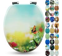 Sanfino® Premium Abattant WC en bois avec frein de chute, qualité supérieure, nombreux motifs colorés, confortable, installation facile, notice de montage incluse - "Butterfy Meadow"