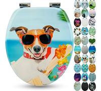 Sanfino® Premium Abattant WC en bois avec frein de chute, qualité supérieure, nombreux motifs colorés, confortable, installation facile, notice de montage incluse - „Sunny Dog"