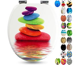 Sanfino® Premium Abattant WC en bois avec frein de chute, qualité supérieure, nombreux motifs colorés, confortable, installation facile, notice de montage incluse - „Rainbow Stone"