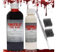 Sang artificiel d'Halloween,faux sang 100 ml, lait de latex 60 ml,sang artificiel lavable,sang de vampire, sang zombie avec 2 éponges de maquillag spatule pour le maquillage d'Halloween et le cosplay