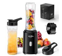 Sangcon Mini Blender Smoothie Portable, Mixer Shaker Electrique, 2 x Bouteilles Tritan Sans BPA de 600 ML + 2 x Couvercles de Voyage, 4 Lames en Inox, Fonctionnement à un Bouton Pulse(Noir)