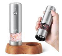 Sangcon Mini moulin à sel et poivre électrique - Portable - Rechargeable par USB - 5 barres réglables - En acier inoxydable - Avec socle en bois - Convient pour le camping