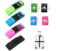 Sangle à Bagages, Sangle Valise Voyage, Ceinture Valise, 4 Pièces Sangles de Bagage Réglables avec Boucle avec 4 Couleurs Étiquette à Bagages, pour Voyager en Toute sécurité en Avion Bagages Fixes