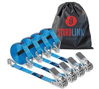 Sangle a Cliquet 5m avec Crochets 800kg en U + Scratch Maintien + Sac | Sangles d'Arrimage pour Porte Moto ou Quad, Remorque, Ancrage via Anneau de Fixation | [Lot de 4] Sangles de Serrage Sturdlink ®