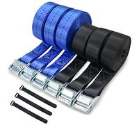 Sangle d'arrimage Robuste 350 Kg - 2.5m et 4m de Longeur pour demenagement Professionnel, Voiture, Velo - Lot de 3 Bleus, 3 Noirs à Boucle et 3 Attaches Noir - Sangle à cliquet