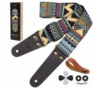 Sangle de guitare, coton brodé, extrémités en cuir véritable, pour guitares basses, électriques et acoustiques, bouton de sangle gratuit, 1 paire de verrous de sangle et 4 médiators Y#blue