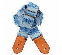 Sangle de guitare, Courroie de Guitare Denim à pompon bleu avec première couche épaisse de cuir de vache tanné au végétal pour Acoustique, Basse, Electrique, Cadeau pour Guitaristes et Musiciens