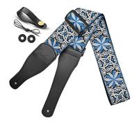 Sangle de guitare en coton jacquard brodé avec extrémités en cuir pour basse, acoustique, guitare électrique, Jacquard Bleu Blanc, taille unique