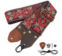 Sangle De Guitare, Sangle En Jacquard Avec Extrémités En Cuir Sangle Guitare Pour Guitare Réglable Brodé Jacquard Styles Vintage En Vedette, Pour Guitare Western, Basse (Fleur rouge rétro)