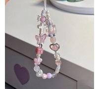 Sangle de poignet pour appareil photo CCD en métal en forme de cœur avec fleurs de cerisier rose tendre. Cordon de téléphone à perles DIY, Charm de coque de téléphone Taille UniqueCristal artificiel