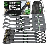 Sangles à Cliquet Rhino USA (4-Pack) - 2.5 cm x 4.6 m (800 kg Résistance à la Rupture) - Crochets en S Sécurisés - Sangles Premium pour Camions, Cargos, Déménagements, Électroménagers - Gris