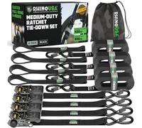 Sangles à Cliquet Rhino USA (4-Pack) - 2.5 cm x 4.6 m (800 kg Résistance à la Rupture) - Crochets en S Sécurisés - Sangles Premium pour Camions, Cargos, Déménagements, Électroménagers - Noir