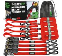 Sangles à Cliquet Rhino USA (4-Pack) - 2.5 cm x 4.6 m (800 kg Résistance à la Rupture) - Crochets en S Sécurisés - Sangles Premium pour Camions, Cargos, Déménagements, Électroménagers - Rouge
