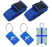 Sangles de Bagage Réglables avec Boucle (2 pièces), avec 2 étiquettes à Bagage, pour Voyager en Toute sécurité en Avion Bagages Fixes Les Sports, 5 x 200cm, Bleu foncé