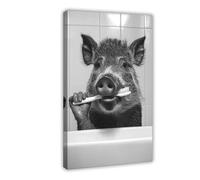 Sanglier qui se brossent les dents, art mural amusant pour salle de bain, jolie décoration de buanderie, animaux dans la salle de bain, imprimé humour rétro sanglier, Ai Art-1