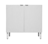Sango Merk Armoire de rangement moderne blanche à 2 portes avec rainures verticales, étagère réglable, pieds cylindriques en bois, poignées discrètes en métal, meuble élégant pour salon ou salle à