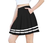 SANGTREE Jupe de tennis plissée décontractée pour fille et femme avec taille élastique et poches, Rayures noires, 11-12 Years