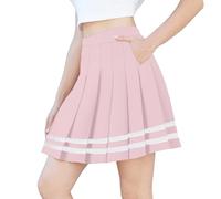 SANGTREE Jupe de tennis plissée décontractée pour fille et femme avec taille élastique et poches, Rose avec rayures blanches, Taille M