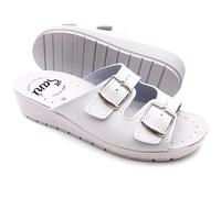 Sanì Pantoufles à double bride pour femmes, pantoufles hygiéniques, boucle réglable, cuir véritable, sandales à bout ouvert