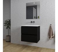 Saniclass Chaci Ensemble de meuble de salle de bains - 60x46x55cm - lavabo en céramique blanc - 1 vasque - sans trou de robinet - 2 tiroirs - miroir rectangulaire - noir mat SW1212760/SW773925/SW72461