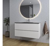 Saniclass Chaci Ensemble meuble de salle de bains - 100x46x55cm - lavabo céramique noir - 1 vasque - 1 trou de robinet - 2 tiroirs - miroir rond avec éclairage - blanc mat SW1212771/SW761656/SW161922