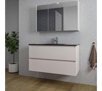 Saniclass Chaci Ensemble meuble de salle de bains - 100x46x55cm - lavabo céramique noir - 1 vasque - 1 trou de robinet - 2 tiroirs - armoire de toilette - coton mat (beige) SW1212775/SW1212817/SW89263