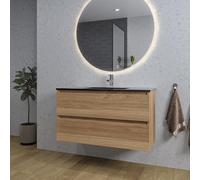 Saniclass Chaci Ensemble meuble de salle de bains - 100x46x55cm - lavabo céramique noir - 1 vasque - 1 trou de robinet - 2 tiroirs - miroir rond avec éclairage - chêne SW1212774/SW761656/SW161922