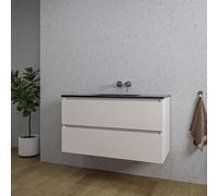 Saniclass Chaci Ensemble meuble de salle de bains - 100x46x55cm - lavabo céramique noir - 1 vasque - sans trous de robinet - 2 tiroirs - cotton mat (beige) SW773932/SW1212775