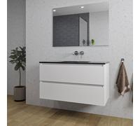 Saniclass Chaci Ensemble meuble de salle de bains - 100x46x55cm - lavabo céramique noir - 1 vasque - sans trous de robinet - 2 tiroirs - miroir rectangulaire - blanc mat SW1212771/SW773932/SW724612