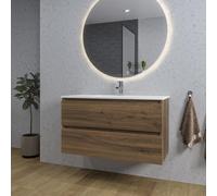 Saniclass Chaci Ensemble meuble de salle de bains - 100x46x55cm - lavabo en céramique blanc - 1 vasque - 1 trou de robinet - 2 tiroirs - miroir rond avec éclairage - noyer (bois) SW1212772/SW804532/SW