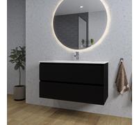 Saniclass Chaci Ensemble meuble de salle de bains - 100x46x55cm - lavabo en céramique blanc - 1 vasque ovale - 1 trou de robinet - 2 tiroirs - miroir rond avec éclairage - noir mat SW1212776/SW718718/