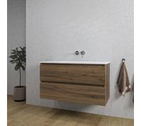 Saniclass Chaci Ensemble meuble de salle de bains - 100x46x55cm - lavabo en céramique blanc - 1 vasque - sans trous de robinet - 2 tiroirs - noyer (bois) SW1212772/SW773927