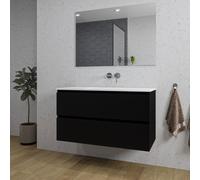 Saniclass Chaci Ensemble meuble de salle de bains - 100x46x55cm - lavabo en céramique blanc - 1 vasque - sans trous de robinet - 2 tiroirs - miroir rectangulaire - noir mat SW1212776/SW773927/SW724612