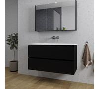 Saniclass Chaci Ensemble meuble de salle de bains - 100x46x55cm - vasque en céramique blanche - 1 vasque - sans trous de robinet - 2 tiroirs - armoire de toilette - noir mat SW1212776/SW1212817/SW8120