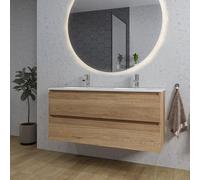 Saniclass Chaci Ensemble meuble de salle de bains - 120x46x55cm - lavabo céramique blanc - 2 vasques ovales - 2 trous de robinetterie - 2 tiroirs - miroir rond avec éclairage - chêne SW1212781/SW71871