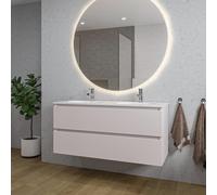 Saniclass Chaci Ensemble meuble de salle de bains - 120x46x55cm - lavabo céramique blanc - 2 vasques ovales - 2 trous de robinet - 2 tiroirs - miroir rond avec éclairage - cotton mat (beige) SW1212783