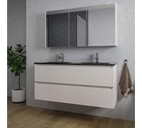 Saniclass Chaci Ensemble meuble de salle de bains - 120x46x55cm - lavabo céramique noir - 2 vasques - 2 trous de robinet - 2 tiroirs - armoire de toilette - cotton mat (beige) SW1212783/SW1212818/SW89