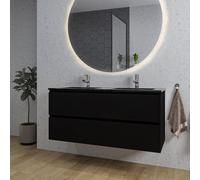 Saniclass Chaci Ensemble meuble de salle de bains - 120x46x55cm - lavabo céramique noir - 2 vasques - 2 trous de robinet - 2 tiroirs - miroir rond avec éclairage - noir mat SW1212777/SW761657/SW161923