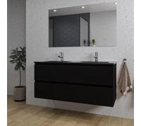 Saniclass Chaci Ensemble meuble de salle de bains - 120x46x55cm - lavabo céramique noir - 2 vasques - 2 trous de robinet - 2 tiroirs - miroir rectangulaire - noir mat SW1212777/SW761657/SW724613