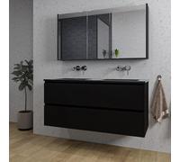 Saniclass Chaci Ensemble meuble de salle de bains - 120x46x55cm - lavabo céramique noir - 2 vasques - sans trous de robinet - 2 tiroirs - armoire de toilette - noir mat SW1212777/SW1212818/SW812071/SW