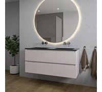Saniclass Chaci Ensemble meuble de salle de bains - 120x46x55cm - lavabo céramique noir - 2 vasques - sans trous de robinet - 2 tiroirs - miroir rond avec éclairage - cotton mat (beige) SW1212783/SW77