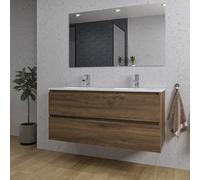 Saniclass Chaci Ensemble meuble de salle de bains - 120x46x55cm - lavabo en céramique blanc - 2 vasques ovales - 2 trous de robinet - 2 tiroirs - miroir rectangulaire - noyer (bois) SW1212779/SW718719