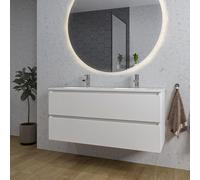Saniclass Chaci Ensemble meuble de salle de bains - 120x46x55cm - lavabo en céramique blanc - 2 vasques ovales - 2 trous de robinet - 2 tiroirs - miroir rond avec éclairage - blanc mat SW1212780/SW718