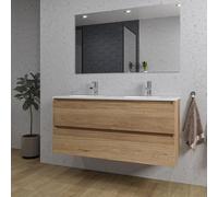 Saniclass Chaci Ensemble meuble de salle de bains - 120x46x55cm - lavabo en céramique blanc - 2 vasques ovales - 2 trous de robinetterie - 2 tiroirs - miroir rectangulaire - chêne SW1212781/SW718719/S