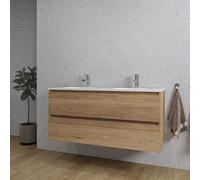 Saniclass Chaci Ensemble meuble de salle de bains - 120x46x55cm - lavabo en céramique blanc - 2 vasques ovales - 2 trous de robinet - 2 tiroirs - chêne SW1212781/SW718719